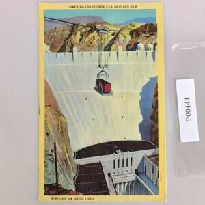 Boulder Dam 1940s Linen Postcard Lowering Power Machinery Box Car Cableway